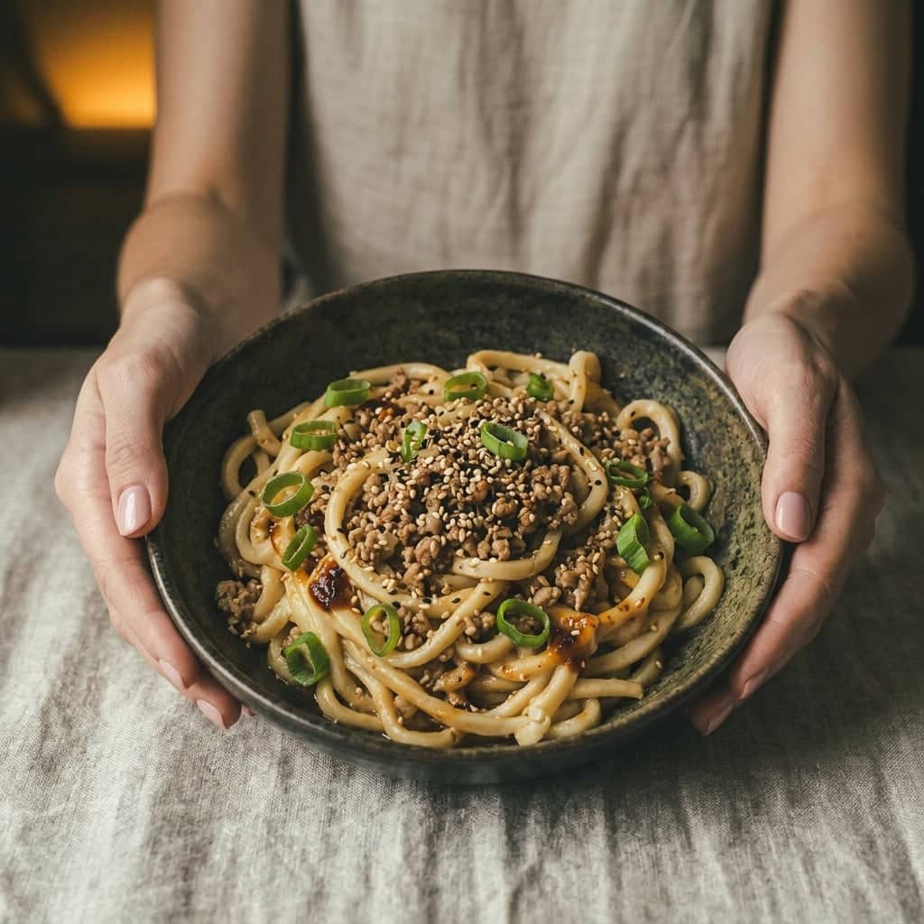 Jedwabisty tofu udon z mięsem mielonym – zdjęcie 1