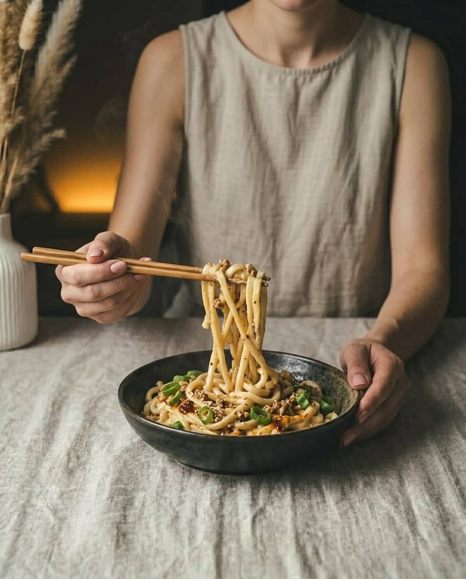 Jedwabisty tofu udon z mięsem mielonym